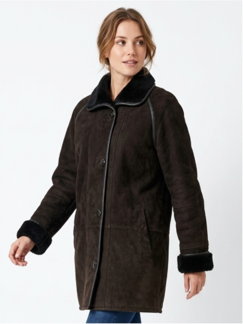 Vintage Cleo Genuine Suede Leather Coat Faux Shearling Trim Brown Large